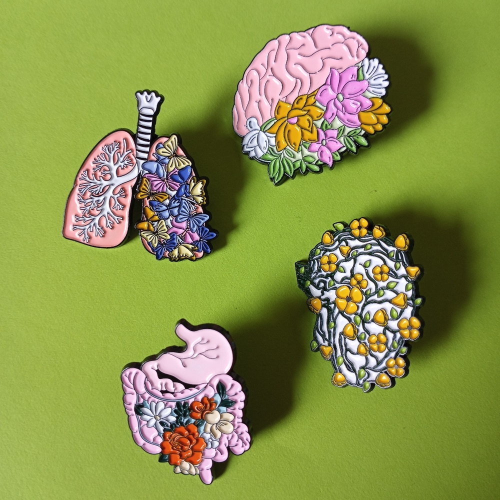3/$20 Floral Organ Pins Lung Brain Heart Stomach Enamel Emo Goth Punk Anatomical